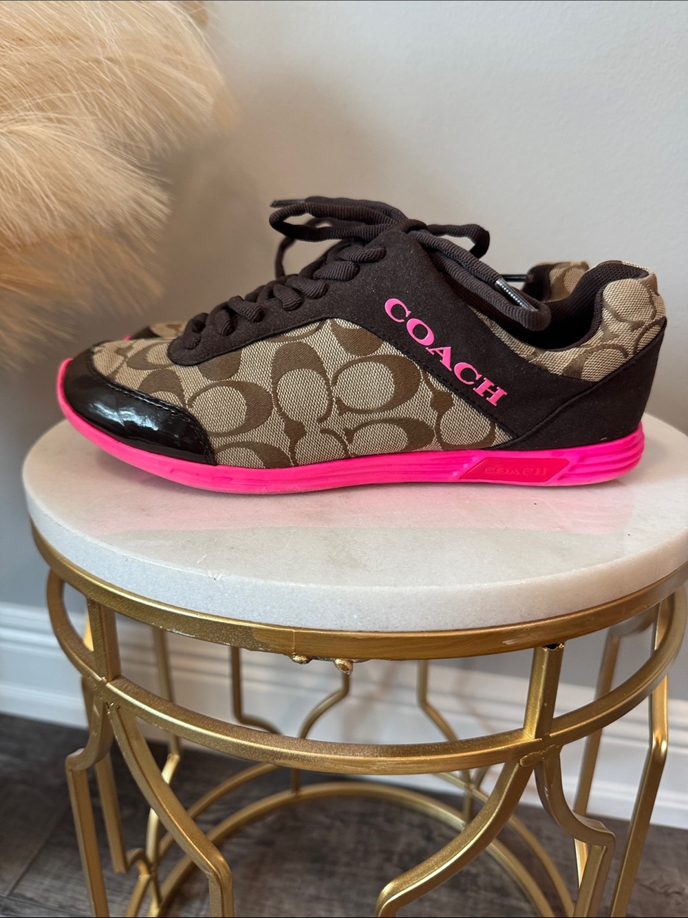 Coach Brown Signature Canvas Sneakers with Hot Pink Sole - Picture 3 of 10